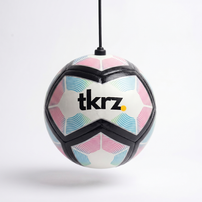 Colorful soccer ball with 'tkrz' branding on a white background